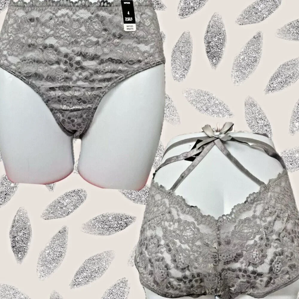 Torrid + 4 Ash Gray Filigree Lace Caged Bow Detail Back Mid-Rise Hipster Panties